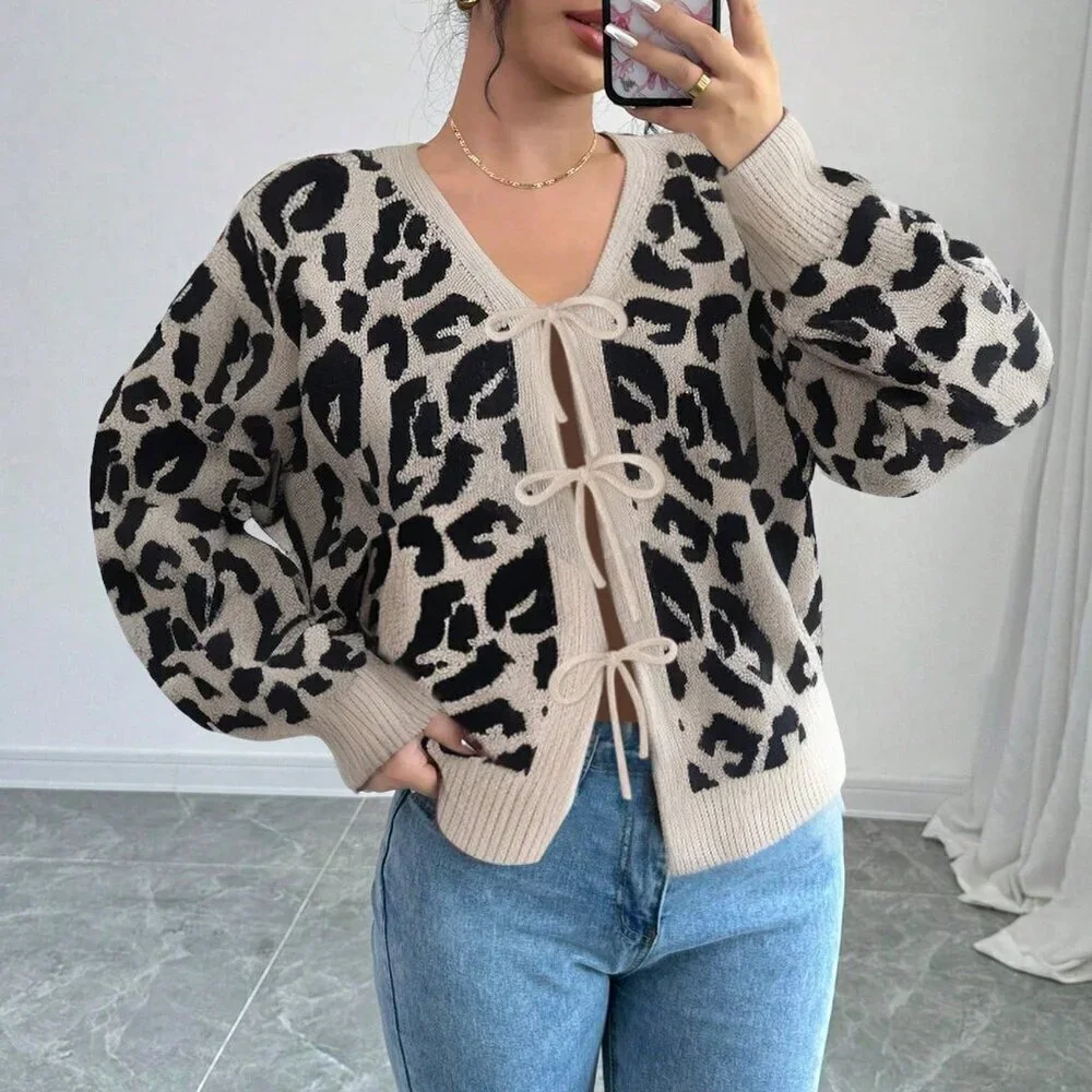 Casual Women's V-Neck Leopard Print Bow detailed Lantern Sleeve sweater top
